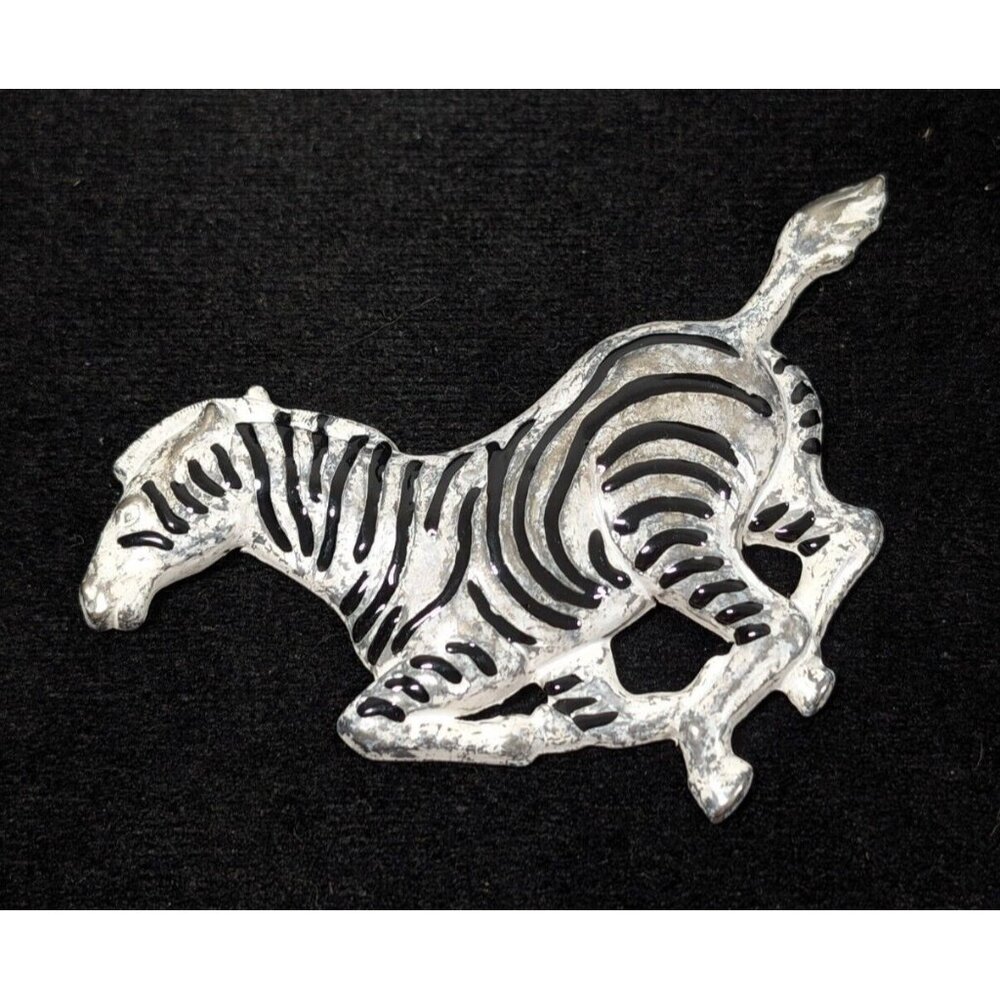 Vintage Zebra Metal Pin Brooch Black Stripe Enamel Tribal
